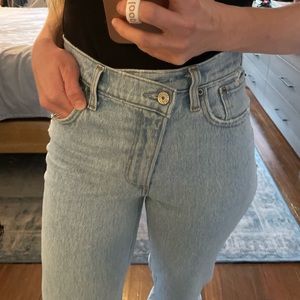 Ultra High Rise 90s Straight Jean, Light Wash with Criss Cross Waistband